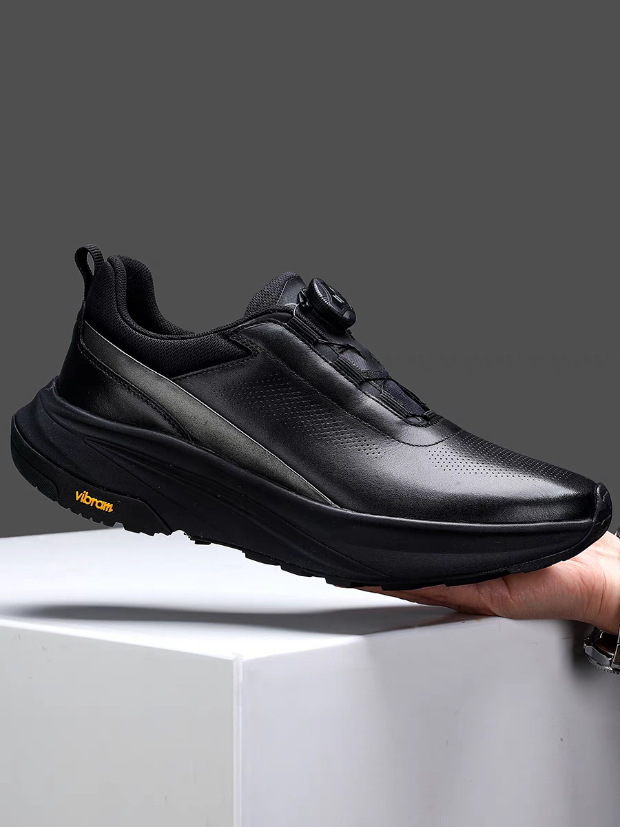 Calveto Men’s Platform Running Shoes | Black Top-Grain Leather with Rotating Buckle