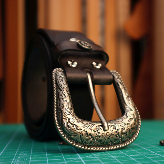 Vintage Western Belt w/ Embossed Buckle for Men  | Handcrafted Genuine Leather Business & Casual Belts