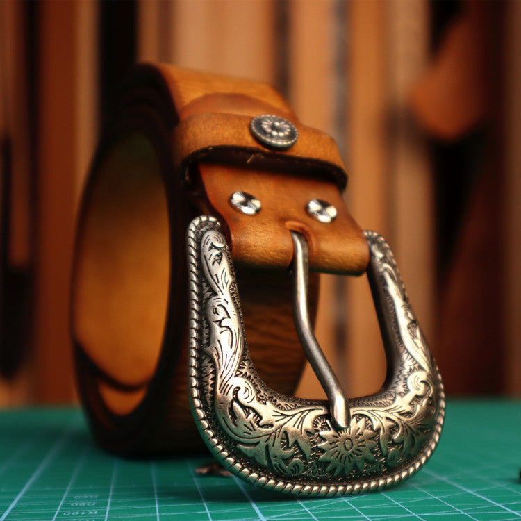 Vintage Western Belt w/ Embossed Buckle for Men  | Handcrafted Genuine Leather Business & Casual Belts