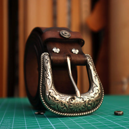 Cinturón vintage estilo western con hebilla grabada para hombre | Cinturones de cuero genuino hechos a mano para negocios y ocasiones informales
