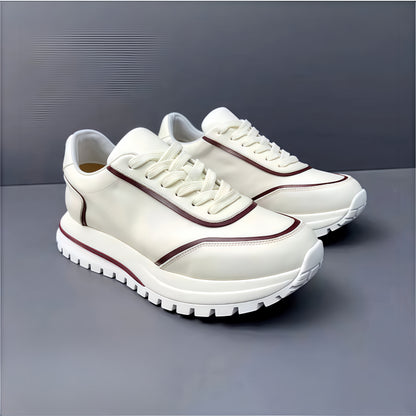 Calveto Men's Cowhide Casual Retro Style White Sneakers 2025 Summer | Thick-soled Light-Weight Breathable Luxury Design