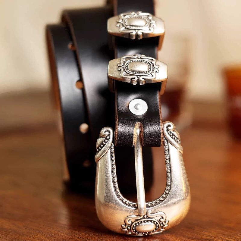 Vintage Western Belt w/ Embossed Buckle for Men  | Handcrafted Genuine Leather Business & Casual Belts