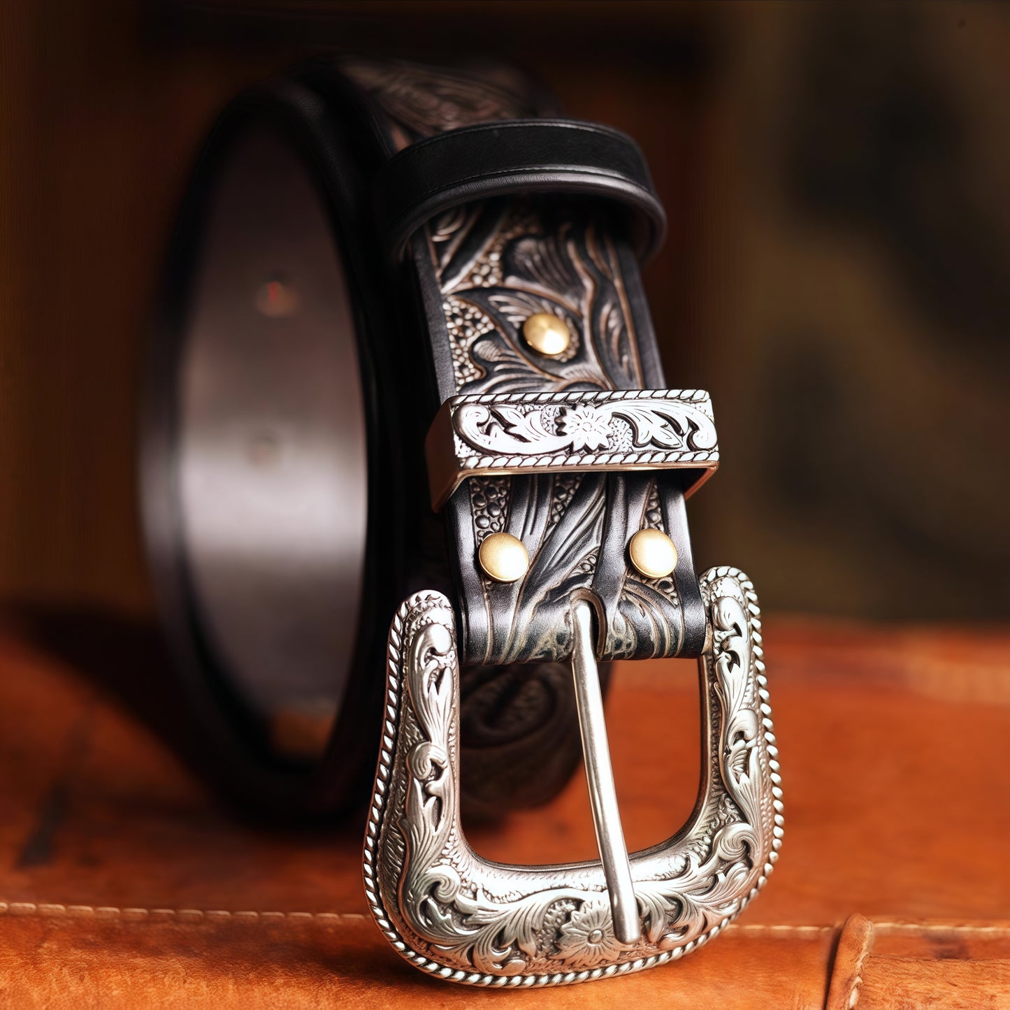 Vintage Western Belt w/ Embossed buckle for men – Hand Tooled Engraved Genuine Full Grain Leather Cowboy Belts for Jeans