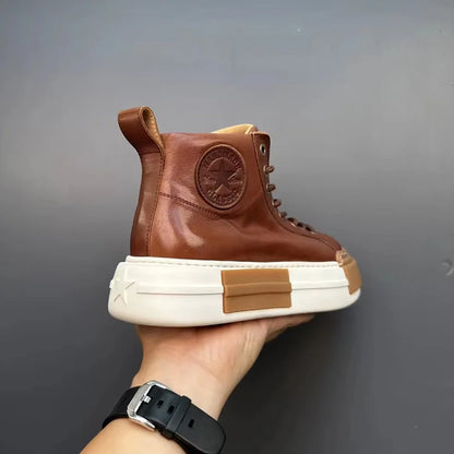 Calveto Handmade Retro Horsehide Mid-top Skate Shoes