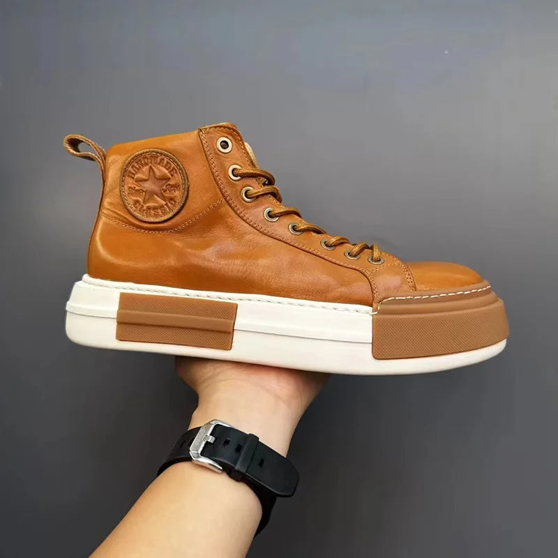 Calveto Handmade Retro Horsehide Mid-top Skate Shoes