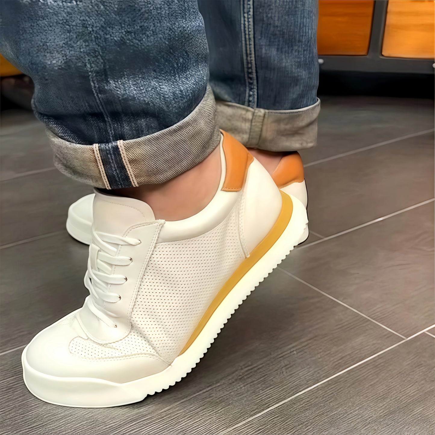 Calveto Men's Cowhide Round Toe Sports & Leisure White Sneakers 2025 Summer | Light-Weight Breathable Retro Style