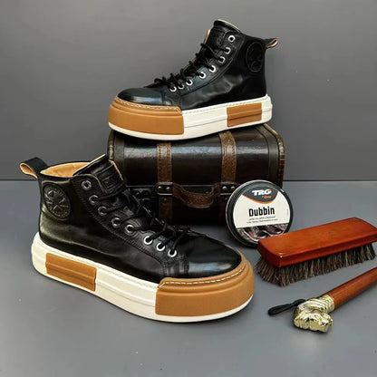 Calveto Handmade Retro Horsehide Mid-top Skate Shoes