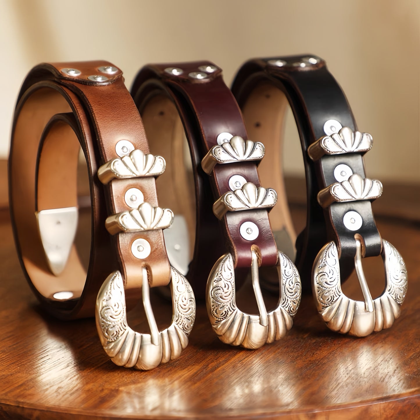 Prestige Western Silver Embossed Belt Buckle Set | Handcrafted Genuine Full Grain Leather Belts