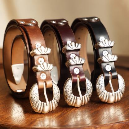 Prestige Western Silver Embossed Belt Buckle Set | Handcrafted Genuine Full Grain Leather Belts