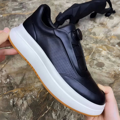 Calveto Leather Round Toe Flat Casual Skate Shoes|Genuine Leather Sneakers