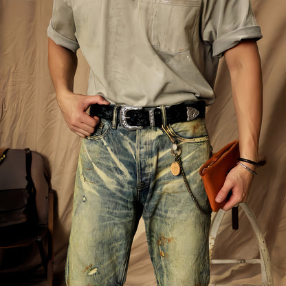 Vintage Western Belt w/ Embossed buckle for men – Hand Tooled Engraved Genuine Full Grain Leather Cowboy Belts for Jeans