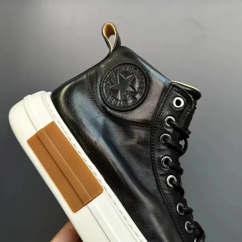 Calveto Handmade Retro Horsehide Mid-top Skate Shoes