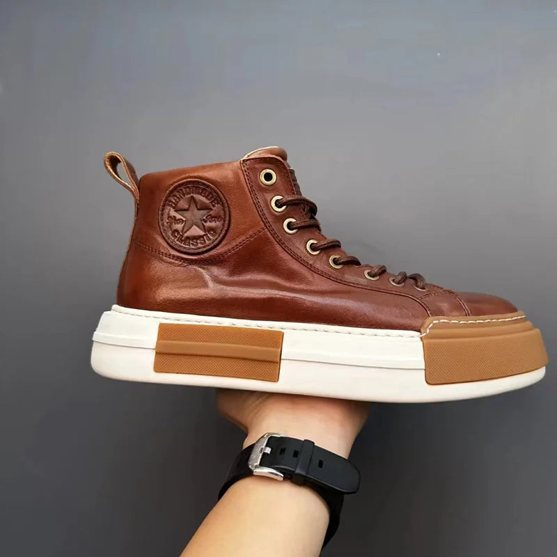 Calveto Handmade Retro Horsehide Mid-top Skate Shoes