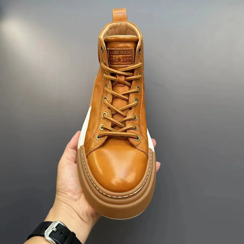 Calveto Handmade Retro Horsehide Mid-top Skate Shoes