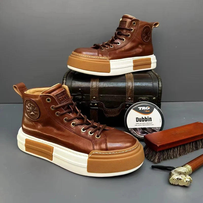 Calveto Handmade Retro Horsehide Mid-top Skate Shoes