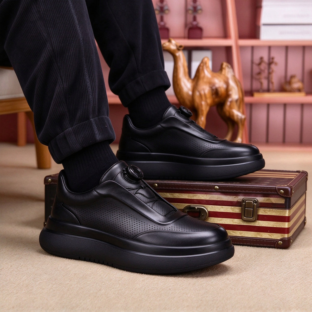 Zapatos de skate planos informales con punta redonda de cuero Calveto | Zapatillas de cuero genuino 