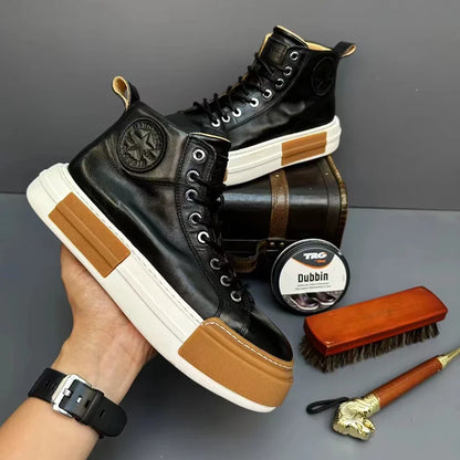 Calveto Handmade Retro Horsehide Mid-top Skate Shoes