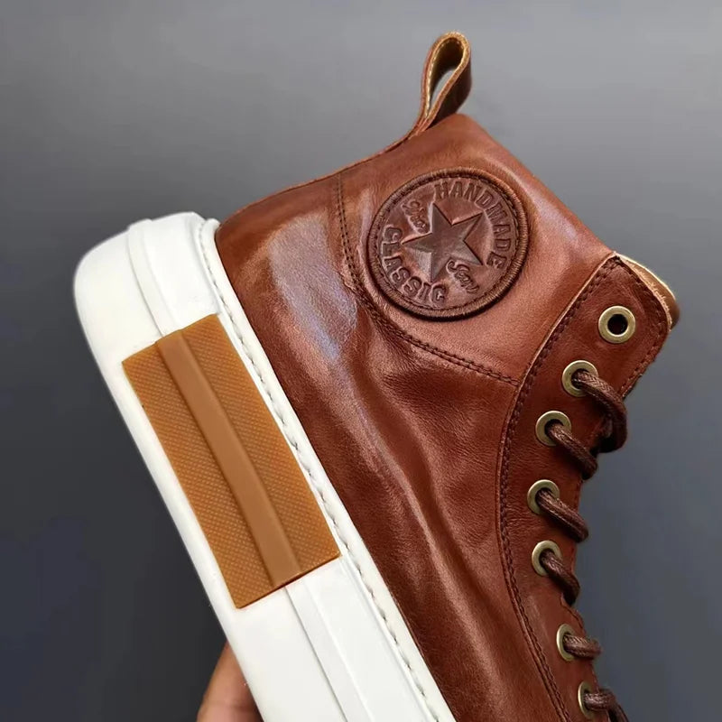 Calveto Handmade Retro Horsehide Mid-top Skate Shoes