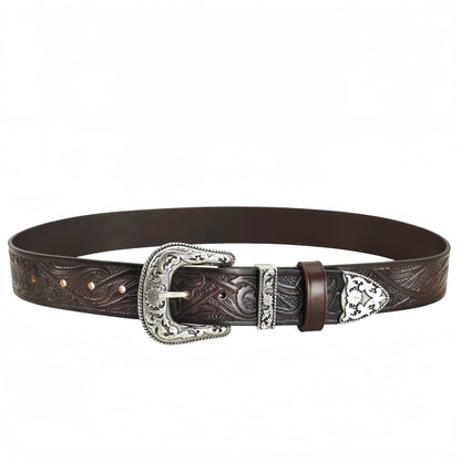 Vintage Western Belt w/ Embossed buckle for men – Hand Tooled Engraved Genuine Full Grain Leather Cowboy Belts for Jeans
