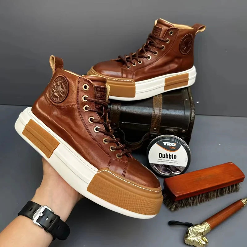 Calveto Handmade Retro Horsehide Mid-top Skate Shoes