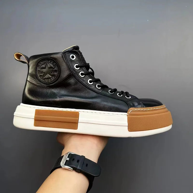 Calveto Handmade Retro Horsehide Mid-top Skate Shoes