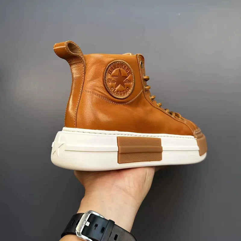 Calveto Handmade Retro Horsehide Mid-top Skate Shoes