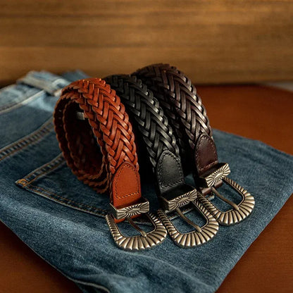 Unisex Fashion Vintage Braided Cowhide Belt | Genuine Leather with Titanium Forged