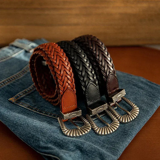 Unisex Fashion Vintage Braided Cowhide Belt | Genuine Leather with Titanium Forged