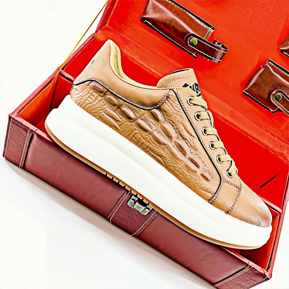 Calveto Crocodile Pattern Genuine Leather Round Toe Flat Casual Skate Shoes for Men | Lace-Up/Slip - On Arch Support Comfy Casual Sneakers