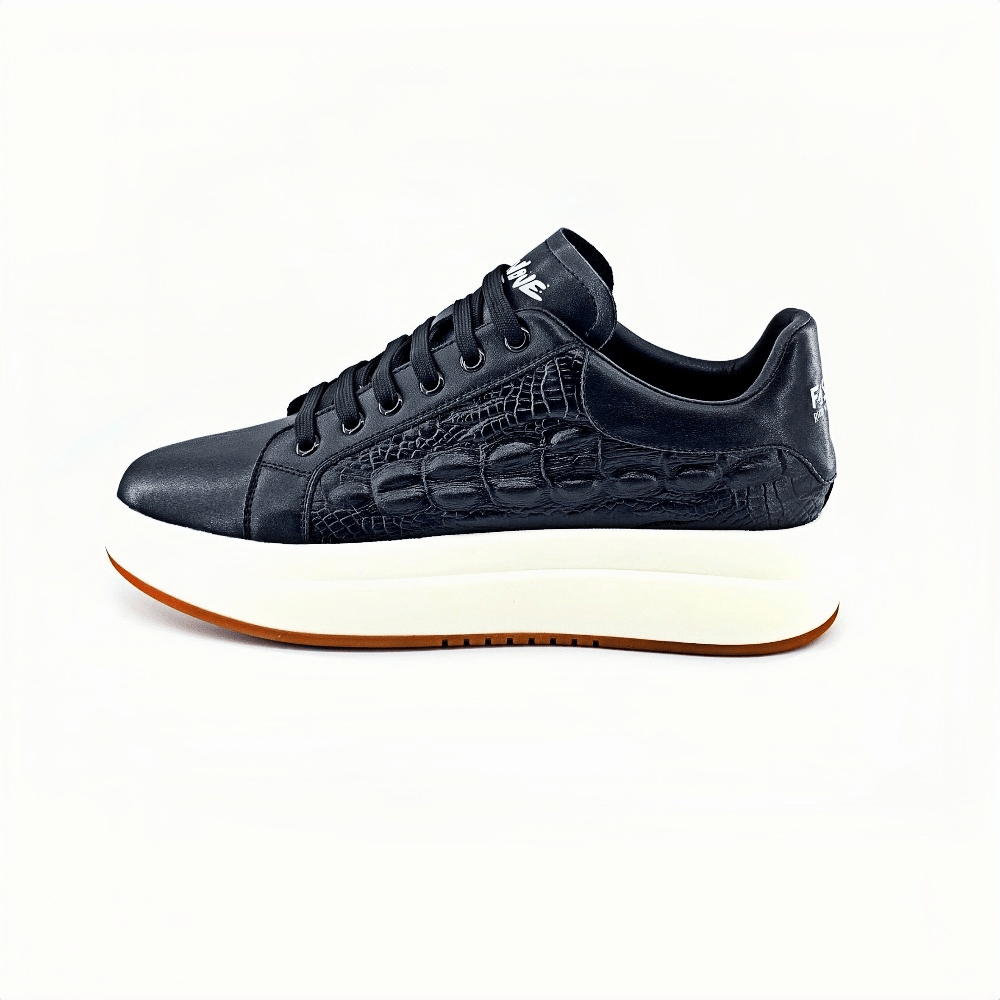 Calveto Crocodile Pattern Genuine Leather Round Toe Flat Casual Skate Shoes for Men | Lace-Up/Slip - On Arch Support Comfy Casual Sneakers