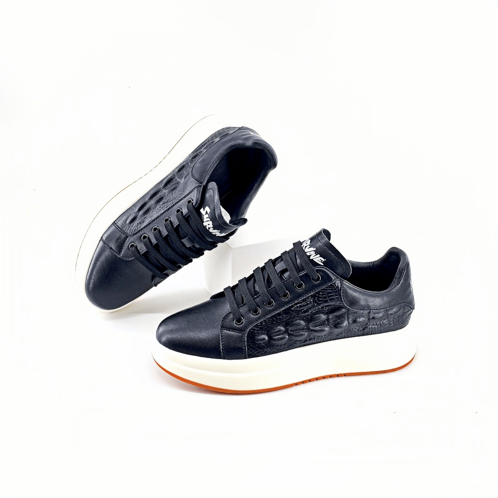 Calveto Crocodile Pattern Genuine Leather Round Toe Flat Casual Skate Shoes for Men | Lace-Up/Slip - On Arch Support Comfy Casual Sneakers