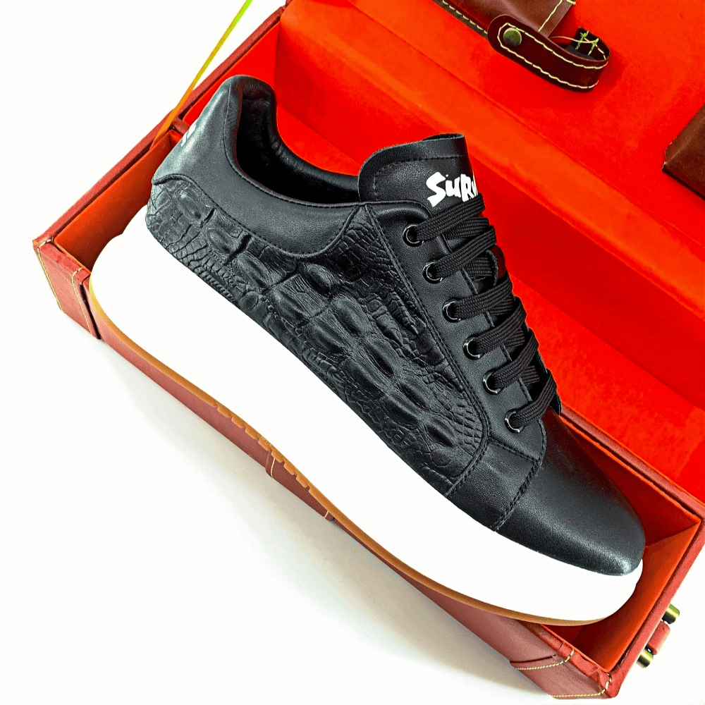 Calveto Crocodile Pattern Genuine Leather Round Toe Flat Casual Skate Shoes for Men | Lace-Up/Slip - On Arch Support Comfy Casual Sneakers