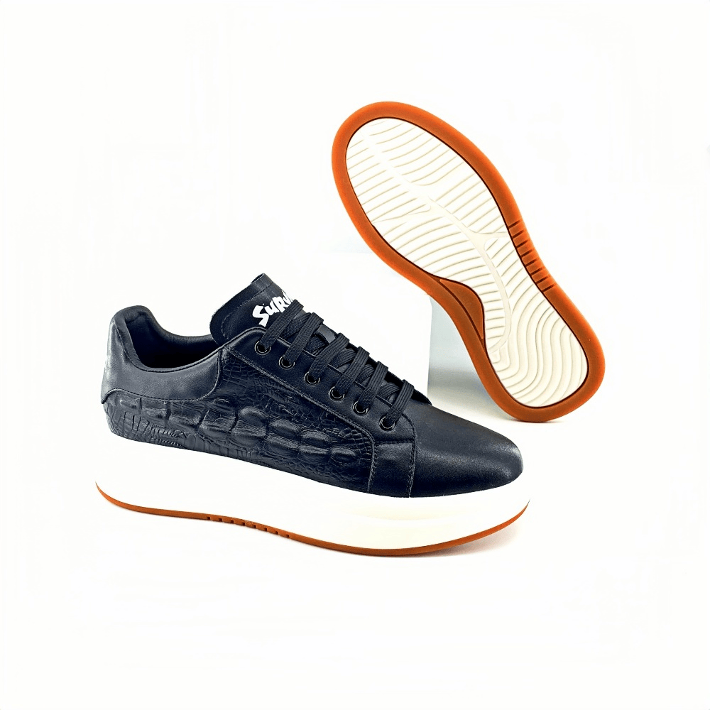 Calveto Crocodile Pattern Genuine Leather Round Toe Flat Casual Skate Shoes for Men | Lace-Up/Slip - On Arch Support Comfy Casual Sneakers