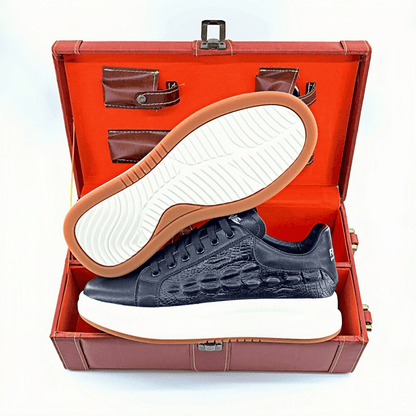 Calveto Crocodile Pattern Genuine Leather Round Toe Flat Casual Skate Shoes for Men | Lace-Up/Slip - On Arch Support Comfy Casual Sneakers