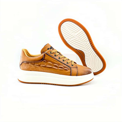 Calveto Crocodile Pattern Genuine Leather Round Toe Flat Casual Skate Shoes for Men | Lace-Up/Slip - On Arch Support Comfy Casual Sneakers