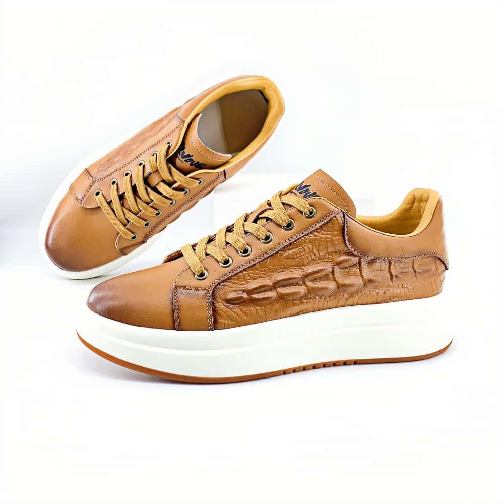 Calveto Crocodile Pattern Genuine Leather Round Toe Flat Casual Skate Shoes for Men | Lace-Up/Slip - On Arch Support Comfy Casual Sneakers