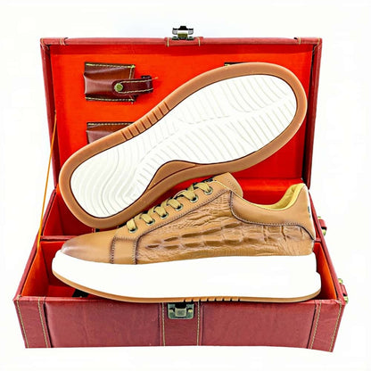 Calveto Crocodile Pattern Genuine Leather Round Toe Flat Casual Skate Shoes for Men | Lace-Up/Slip - On Arch Support Comfy Casual Sneakers