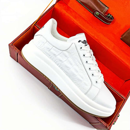 Calveto Crocodile Pattern Genuine Leather Round Toe Flat Casual Skate Shoes for Men | Lace-Up/Slip - On Arch Support Comfy Casual Sneakers