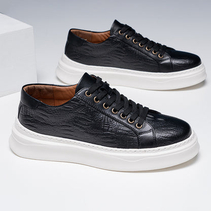 Calveto Crocodile Pattern Genuine Leather Round Toe Flat Casual Skate Shoes for Men | Lace-Up/Slip - On Arch Support Comfy Casual Sneakers