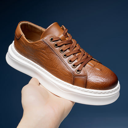 Calveto Crocodile Pattern Genuine Leather Round Toe Flat Casual Skate Shoes for Men | Lace-Up/Slip - On Arch Support Comfy Casual Sneakers