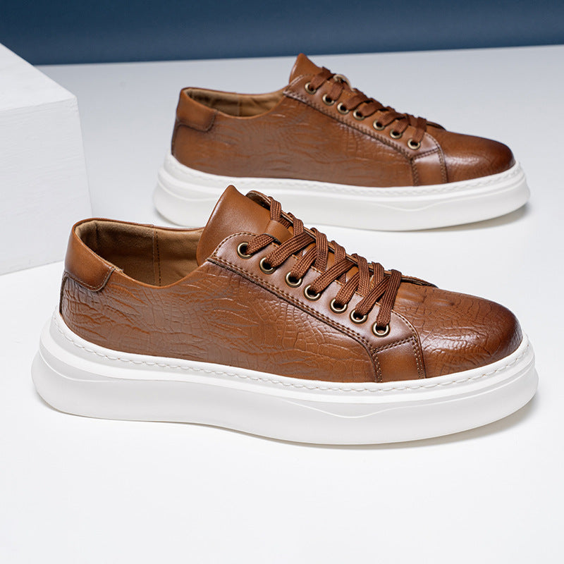 Calveto Crocodile Pattern Genuine Leather Round Toe Flat Casual Skate Shoes for Men | Lace-Up/Slip - On Arch Support Comfy Casual Sneakers