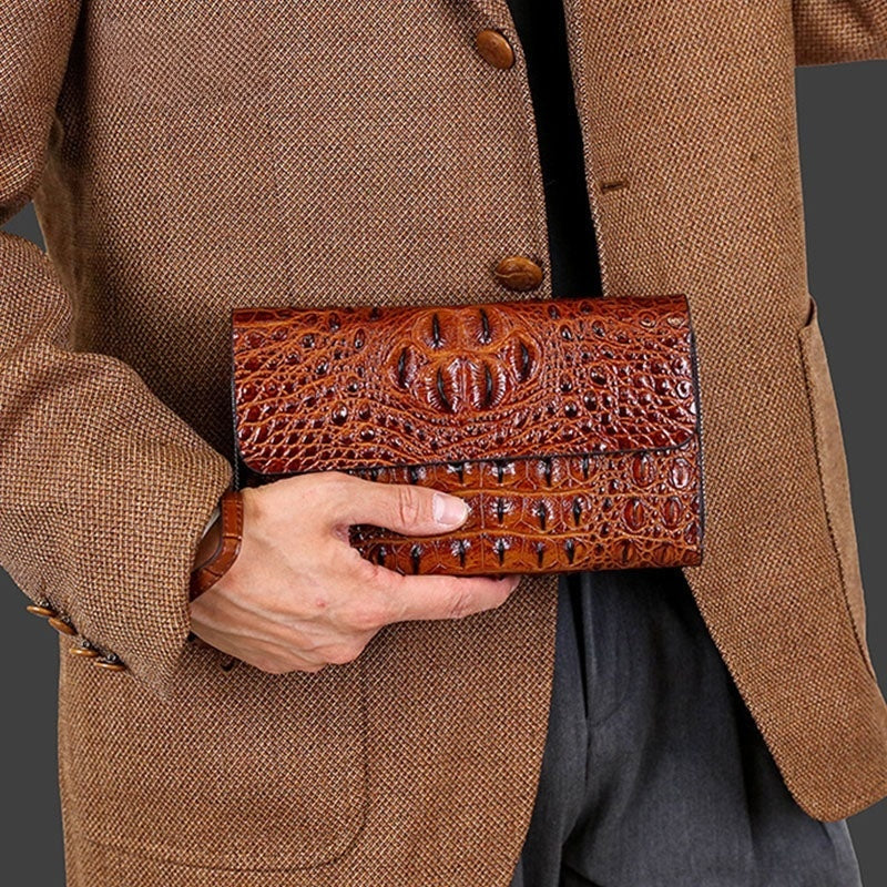 Men's Crocodile Print Clutch Double Zip Clutch