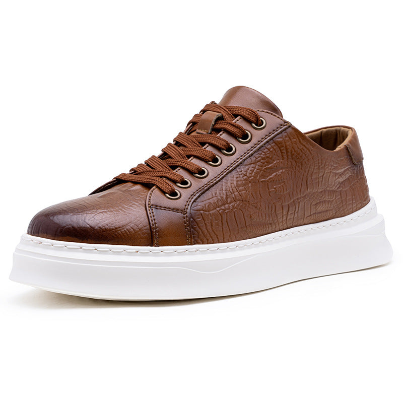 Calveto Crocodile Pattern Genuine Leather Round Toe Flat Casual Skate Shoes for Men | Lace-Up/Slip - On Arch Support Comfy Casual Sneakers