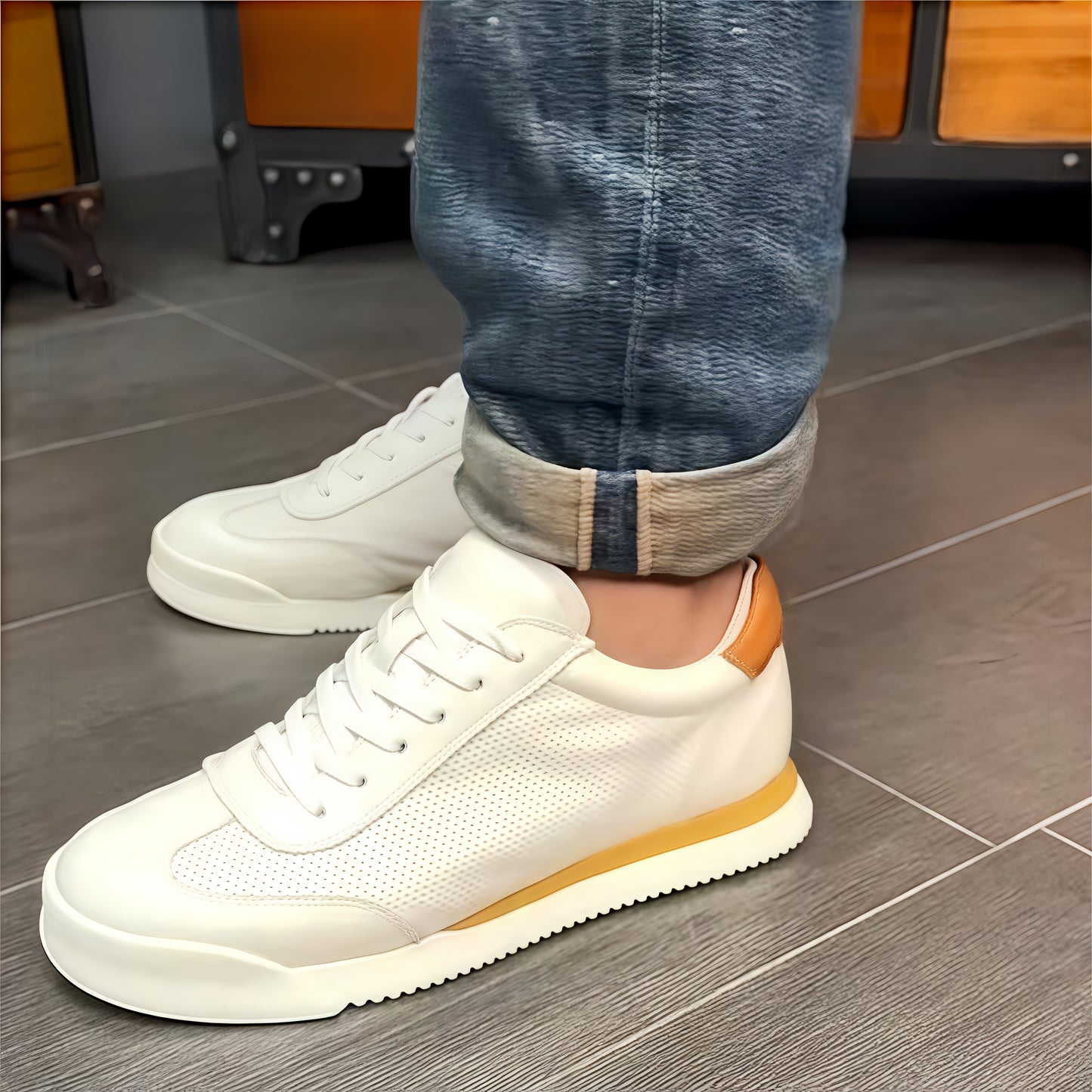 Calveto Men's Cowhide Round Toe Sports & Leisure White Sneakers 2025 Summer | Light-Weight Breathable Retro Style