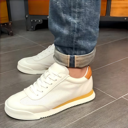 Calveto Men's Cowhide Round Toe Sports & Leisure White Sneakers 2025 Summer | Light-Weight Breathable Retro Style
