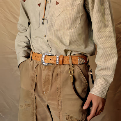 Vintage Western Belt w/ Embossed buckle for men – Hand Tooled Engraved Genuine Full Grain Leather Cowboy Belts for Jeans