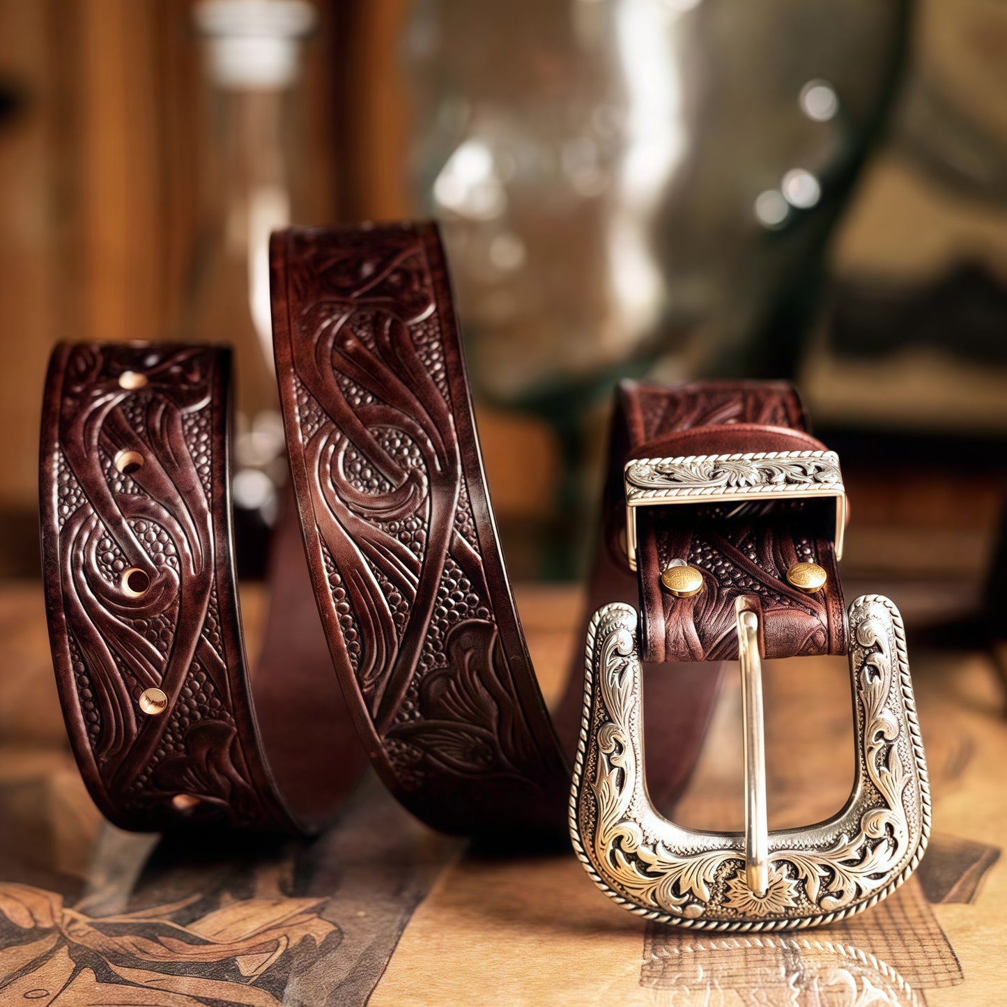 Vintage Western Belt w/ Embossed buckle for men – Hand Tooled Engraved Genuine Full Grain Leather Cowboy Belts for Jeans