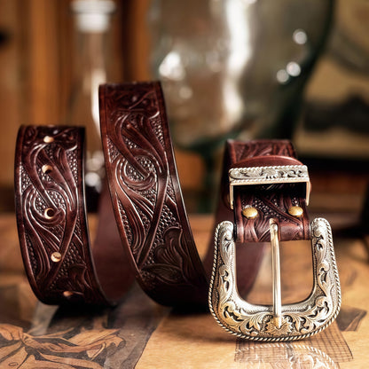 Vintage Western Belt w/ Embossed buckle for men – Hand Tooled Engraved Genuine Full Grain Leather Cowboy Belts for Jeans