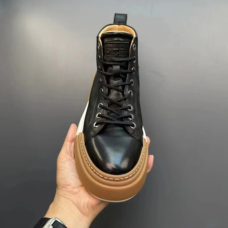 Calveto Handmade Retro Horsehide Mid-top Skate Shoes