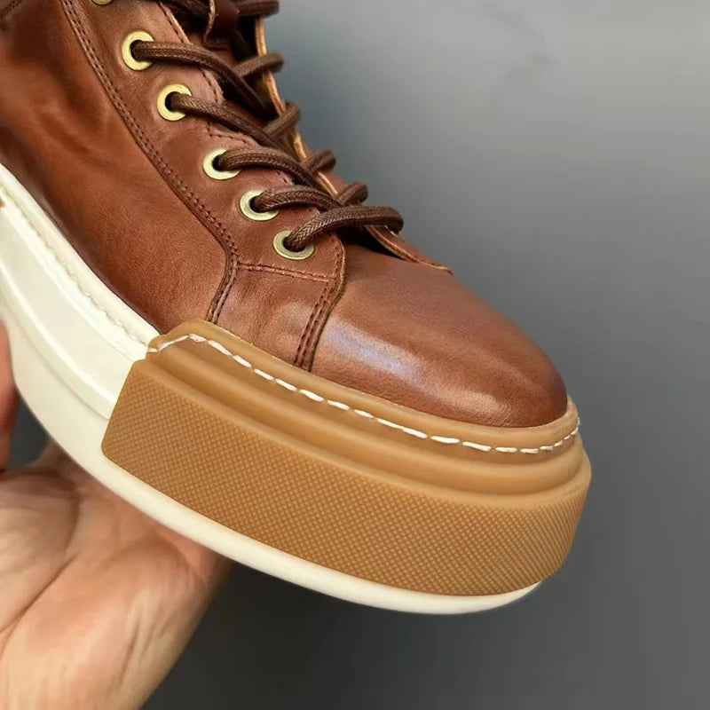 Calveto Handmade Retro Horsehide Mid-top Skate Shoes